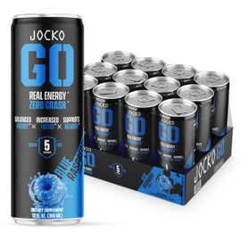 Jocko Fuel Blue Raspberry Energy Drink, 12 Pack, 0 Sugar, 95mg Caffeine, Supports Brain Health