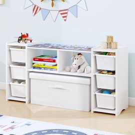 MallBest Kids' Toy Storage Organizer Shelf - 100% Solid Wood,Children's Storage Cabinet with 6 Plastic Bins,with Table Stickers,Playroom, Children's Room(White)
