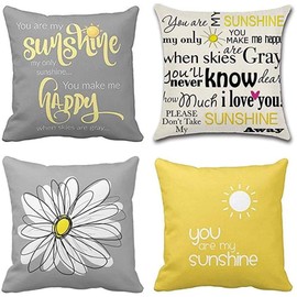 TOMMO Set of 4 Cushion Covers 50 x 50cm You are My Sunshine Yellow Gray with Chevron Words Decorative Throw Pillow Covers Home Decor Square cushion covers 20x20 Inches