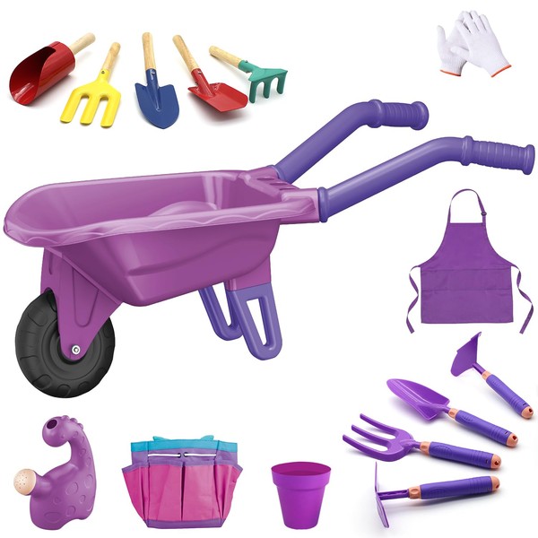 Losbenco 15 PCS Kids Gardening Tool Set for Girls Boys, Toddler Gardening Tools Set with Wheelbarrow, Flower Pot, Storage Bag, Rake, Fork, Shovel, Apron, Outdoor Garden Tool Play Set for Kids