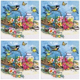 Napkin 3-ply, 33 x 33 cm, 40 pieces flower basket, basket, jug, Easter bells, summer flowers, tulips, birds, birds, butterflies, flower pot, animals, spring
