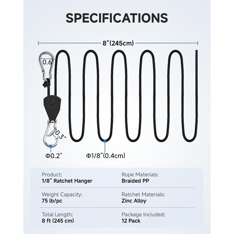 Fondwell 1/8" Adjustable Grow Light Hangers: Ratchet Rope Tie Downs