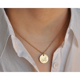 HUAN XUN Stainless Steel Initial Engraved Disc Necklace Alphabet Letter A