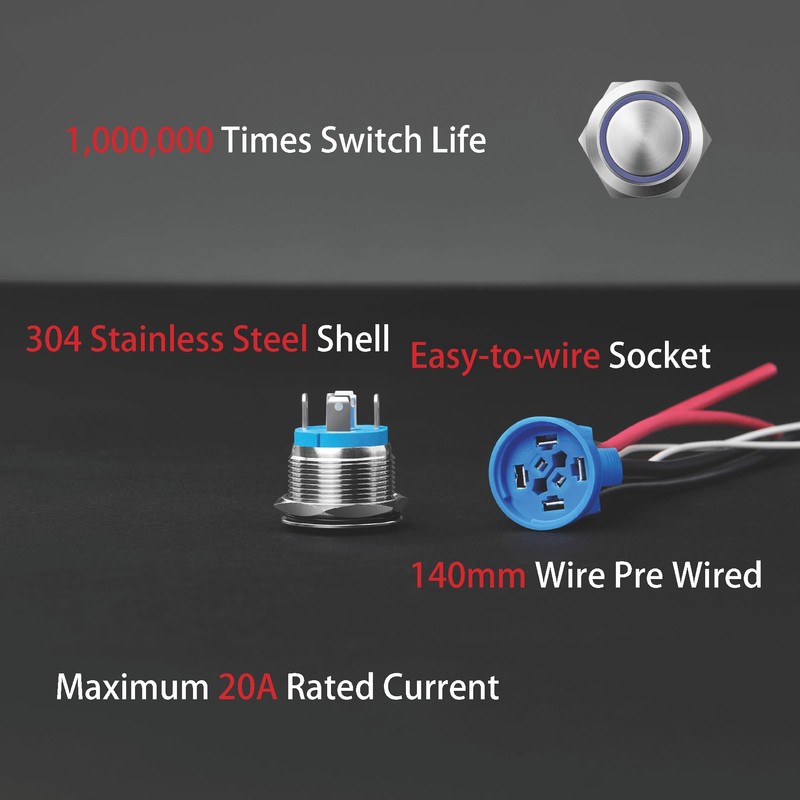 KWONONG LED Momentary Push Button Switch, Stainless Steel, IP67 Waterproof