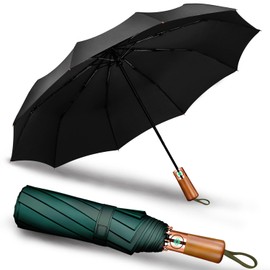 Yaneno Windproof Travel Folding Umbrella Compact Light Real Wood Handle Automatic Open Close Button Strong and Portable Wind Resistant Umbrella for Rain (Black)