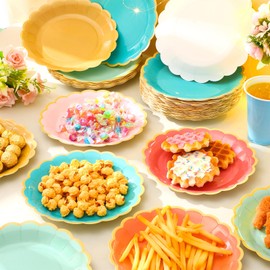 Tiangrid 48 Pcs Colorful Coral Paper Plates 9 Inch Pastel Rainbow Scalloped Paper Plates Disposable Dinner Dessert for Birthday Wedding Bridal Party Supplies, 6 Colors