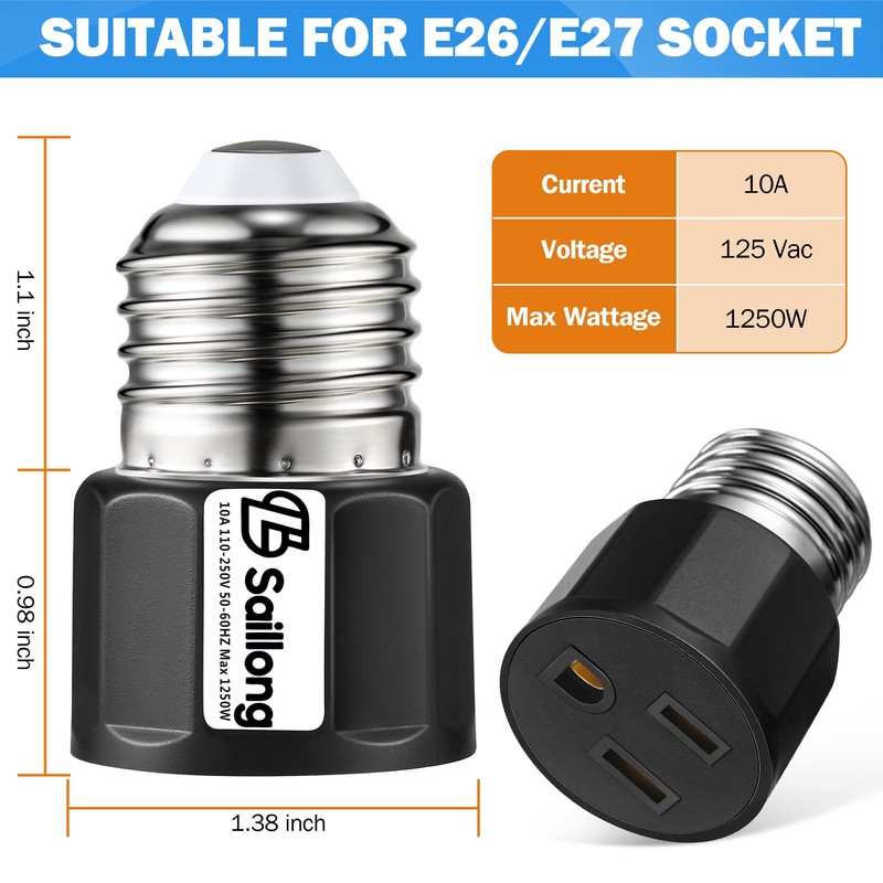 2 Pack Light Socket to Plug Adapter, Flame Retardant Light