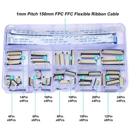 Kidisoii 1mm Flexible Flat Cable Connectors Kit, 4/6/8/10/12/14/16/18/20/24Pin FFC FPC Ribbon Sockets with 150mm Flexible Ribbon Cable Same Side (1mm-SS-Kit)