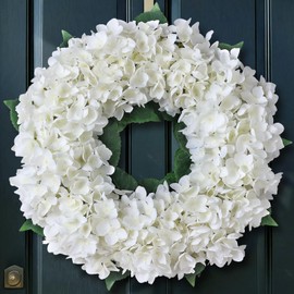 21" Artificial Hydrangea Flower Wreath for Front Door Decor (White)