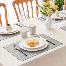 Romanstile Vinyl Placemats Set of 6-12 X 18 Inch - Heat Resistant Place Mats 100% Waterproof Oilproof Wipeable Reversible Faux Leather Table Mats for Kitchen/Dining/Party/Outdoor, Light Grey
