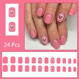 24 Pcs Valentines Press on Nails Short Square Heart Fake Nails with Glitter Design Pink False Nails Full Cover Stick on Nails Valentine's Acrylic Nails for Women Girl Holiday Nail Decoration