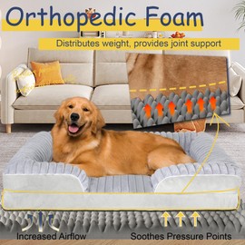 Orthopedic Dog Bed for Large Medium Sized, Washable Memory Foam Large Dog Bed Premium Soft Corduroy Fleece, Durable Medium Pet Sofa with Removable Cover, Washable Waterproof Pet Couch Beds(Grey, L)