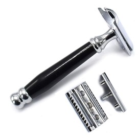 AAProTools Double Edge Safety Razor with Natural Ebony Handle for a Gentle Shaving, Zero Waste & Plastic Free I Reusable Eco Razor for Women & Men Traditional Shaver with 5 Blades BTS-305