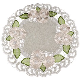 Embroidered Gold Daisy Fleur Latte Large Doily, Table Centerpiece, Small Table Topper (24 Inch Round)