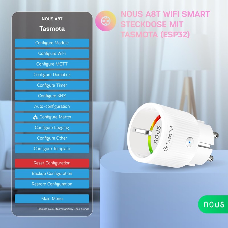 Tasmota Socket NOUS A8T, Smallest WiFi ESP32 Smart Plug, 10A