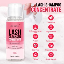 Lash Shampoo Concentrate 100 ml/3.4 fl.oz Lash Cleanser Concentrate Oil Free Eyelash Extension Shampoo for Salon Home Eyelash Care-Can Make 20 bottles of 60ml Lash Shampoo,Rose