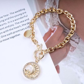Wendalern Chunky Chain Bracelet Gold Link Chain Toggle Bracelet Rhinestone Disc Charm OT Clasp Bracelet Vintage Coin Pendant Toggle Clasp Bracelet Jewellery for Women Girls, Zinc