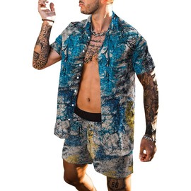 BUYJYA Men's Flower Shirt Short 2 Piece Hawaiian Sets Casual Button Down Floral Tracksuit beach outfit