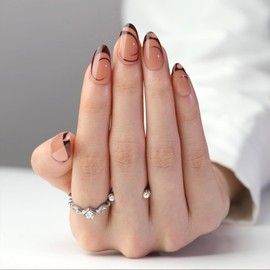 24Pcs French Press on Nails Short Almond Fake Nails with Designs Brown Lines Glue on Nails Kit Acrylic False Nails Reusable Artificial Nails Press ons Glossy Full Cover Stick on Nails for Women