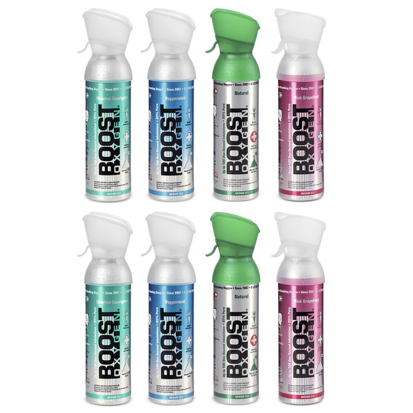 Boost Oxygen Medium 5 Liter Canister Variety Pack | Includes 2 Natural, 2 Peppermint, 2 Menthol-Eucalyptus & 2 Pink Grapefruit (8 Pack)