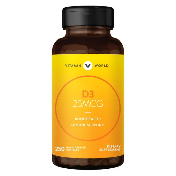 Vitamin World Vitamin D3 1000 IU 250 Softgels, Promotes Bone Health, Supports Immune System, Rapid-Release, Gluten Free