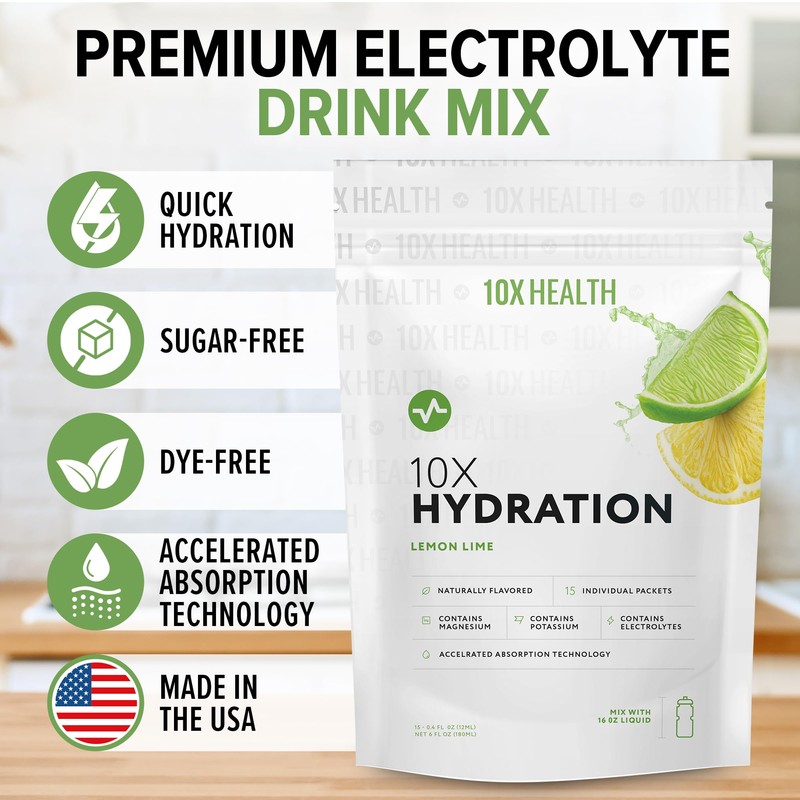 10X Health Hydration Packets Lemon Lime Electrolyte Drink Mix Liquid