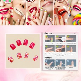 Rchovsam Pink Press on Nails Short Square False Nails White Flowers Designs Fake Nails Solid Pink Glue on Nails Acrylic Full Cover Nails Press Ons Gift for Women 24pcs