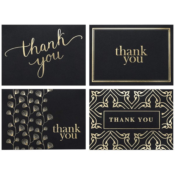 100 Thank You Cards Bulk, Thank You Notes, Jet Black Gold Professional Blank Note Cards with Envelopes, Small Business, Wedding, Gift Cards, Christmas, Graduation, Baby Shower, Funeral, 4x6 Photo Size
