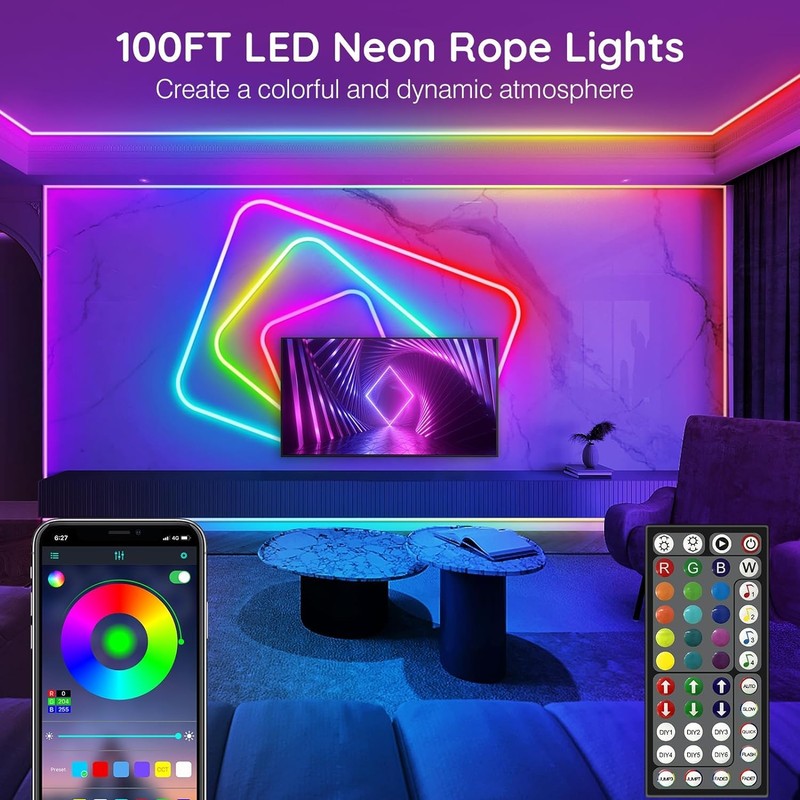 100Ft Neon Rope Lights,Flexible Led Rope Lights Control with App/Remote,Multiple