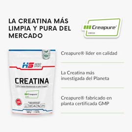 HEROSPORTS | Creatina Monohidratada Creapure® 600g. 100% Pura. Solo 1 Ingrediente Creatina Alemana Creapure®. Vegana, Sin Azúcar, 120 porciones, 5g por porción, Incluye Scoop. Pure. Proven. Perfect.