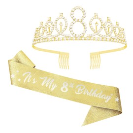 UVATAHONA 8th Birthday Sash and Tiara, 8 & Fabulous Glitter Sash and Birthday Crown Set, Happy 8th Birthday Gifts for Party Supplies and Decorations, Gold