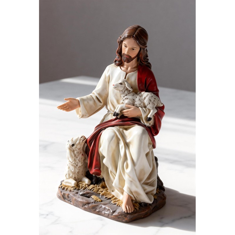 ASTARIKO The Good Shepherd Jesus Statue with Lambs, 8-Inch Resin
