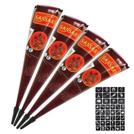 Henna Brown Freckles, 4 Handmade Henna Tubes with 42 Stencils, for Temporary Tattoos and Body Art, Ideal for Festivals and Weddings