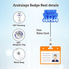Arakulago Funny Nurse Badge Reel Holder Retractable with ID Clip Nursing Name Badge Clip Fun I Want to Leave AMA Badge Reels Holder Clip Blue Glitter Acrylic Card Medical Doctor Assistant Accessories