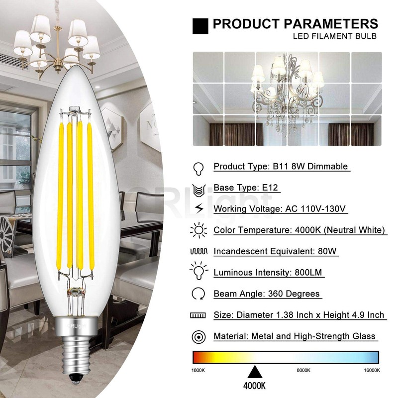 CRLight 8W 4000K LED Candelabra Bulb Daylight White, 80W Equivalent