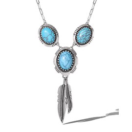 Jessica Simpson Feathers and Turquoise Necklace for Women 17"+3", Oxidized Silver-Plated Western Necklace for Women