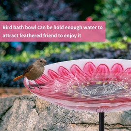MUMTOP Glass Bird Bath, Garden Outdoor Birdbaths Birdfeeder with Metal Stake Pink Flower