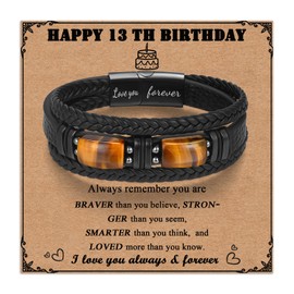 Toplstud 13th Birthday Gifts for Boys - Leather Bracelets for Teenage Boy - 13 Year Old Birthday Presents for Son Grandson Nephew - Tiger Eye Layered Bracelets