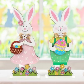 COCHIE Easter Decoration Wooden Rabbit, Easter Bunny Decoration Made of Wood, for Standing, Set of 2 Decorative Stands for Easter, Easter Decoration Garden Easter Bunny Decoration Wood