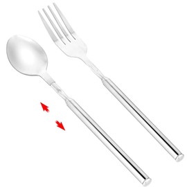 Buaak 2pcs Extendable Tableware, Telescopic Fork, Extending Spoon, Fruit Tableware, Long Handled Fork and Spoon, Stainless Steel Grill Fork and Spoon for BBQ, Party, Dinner