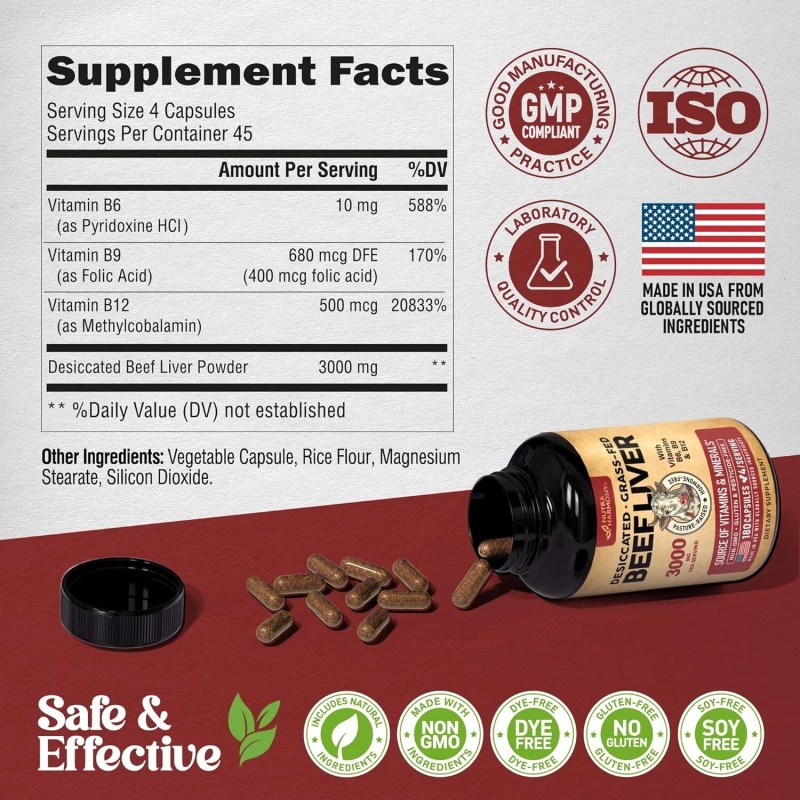 Beef Liver Capsules 3000 mg - Organic Desiccated Beef Liver
