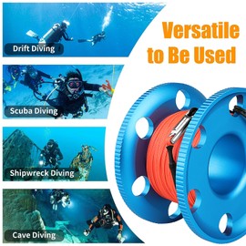 100FT Scuba Diving Reel, Aluminum Alloy Large Scuba Spool Finger Reel with Double-Ended Bolt Snap Clip for Underwater Scuba Diving Snorkeling Spearfishing (Orange Line Blue Reel)