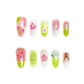 Handmade Press on Nails Medium Almond Nails Flower Fake Nails,3D Lines Designs False Nails Summer Reusable Acrylic Nails Nature Glue on Nail for Wome (Size M)