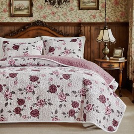Shxime Floral Quilt Set 3 Pieces Queen Size Pink with Purple Rose Botanical Spring Flower Quilt Bedding Set, Microfiber Lightweight Bedspread, Coverlet Set for All Seasons