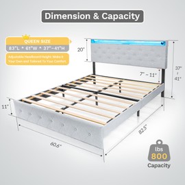 Domus Homeware Mid-Century Elegant Tufted Design Bed Frame LED Music System Queen Size 80''L*60''W Grey