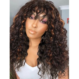 AISI HAIR Curly Wigs for Black Women Brown Mixed Blonde Wig with Bangs，Glueless Bangs Wigs for Women Long Kinky Curly Wig 22 inch for Daily Use