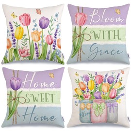 GEEORY Spring Pillow Covers 16x16 inch Set of 4, Floral Tulips Mason Jars Home Sweet Home Bloom with Grace Farmhouse Decorative Throw Pillowcases for Home Sofa Couch Decoration G512-16