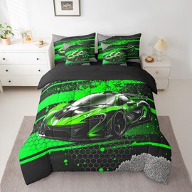 Feelyou Kids Boys Race Car Comforter Set with Sheets,Green Sports Car 7 Piece Bedding Set Full Size,Boys Girls Bedroom Room Decor,Extreme Sports Car Bed in a Bag,Cool Speed Luxury Car Bed Set