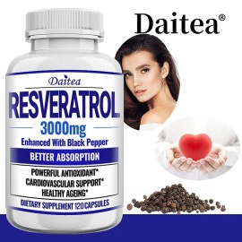 Daitea Resveratrol 3000 mg Capsules - With Black Pepper - Natural Antioxidant