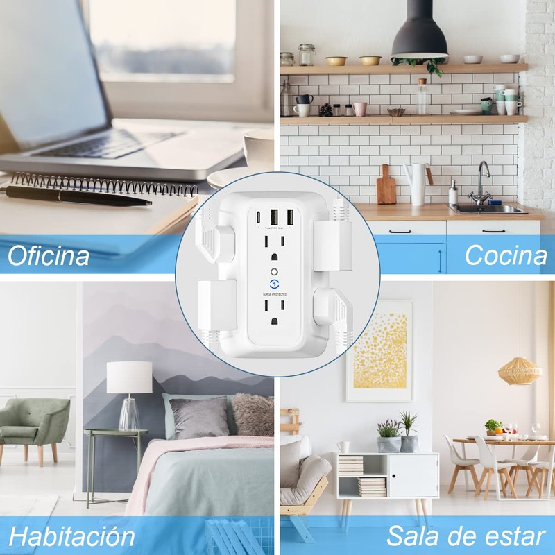 RENDIN Multicontacto,Enchufe de Carga de Tres Lados,Regleta Multicontacto Multifuncional,con USB